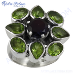 Load image into Gallery viewer, 925 sterling silver ring with a central iolite stone and peridot gemstones for women.