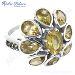 Load image into Gallery viewer, Sterling silver flower ring with yellow citrine gemstones, elegant cluster design.