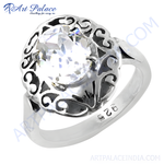 Load image into Gallery viewer, 925 sterling silver ring with a large, round, clear cubic zirconia stone and detailed band.