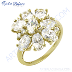 Load image into Gallery viewer, gold plating ring with a flower design of sparkling white cubic zirconia stones.