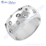 Load image into Gallery viewer, A round silver ring with multiple clear cubic zirconia stones embedded in the surface, perfect for women.