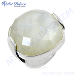 Load image into Gallery viewer, Sterling silver moonstone ring with a faceted, iridescent gemstone center.