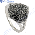 Load image into Gallery viewer, Silver cocktail ring with a cluster of black gemstones, a glamorous statement piece.