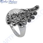 Load image into Gallery viewer, Silver wing ring with a black gemstone design, perfect for a bold fashion statement.