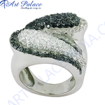 Load image into Gallery viewer, Close-up of a silver ring with black stones and a unique design