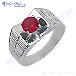 Load image into Gallery viewer, Sterling silver men's signet ring with a vibrant red ruby gemstone centerpiece.