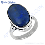 Load image into Gallery viewer, 925 sterling silver ring with a large oval blue lapis lazuli gemstone.