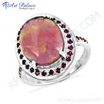 Load image into Gallery viewer, 925 sterling silver ring with a pink opal center stone and surrounding rubies