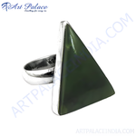 Load image into Gallery viewer, Sterling silver ring with a large, triangular green jade stone.