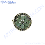 Load image into Gallery viewer, Sterling silver cocktail ring with green gemstone flower design and marcasite accents