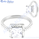 Load image into Gallery viewer, 925 sterling silver princess cut ring with white cubic zirconia center stone and halo.