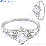 Load image into Gallery viewer, 925 sterling silver princess cut diamond ring for women, with a bright white center stone and pave accents.