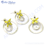 Load image into Gallery viewer, Silver flower earrings and pendant set with yellow gemstones and white accents, stylish design.