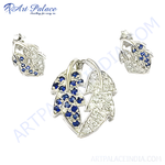 Load image into Gallery viewer, Sterling silver leaf pendant and stud earrings set with blue sapphire gemstones.