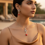 Load image into Gallery viewer, Silver Heart Pendant Earrings Set | Coral Gemstone Jewelry