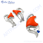 Load image into Gallery viewer, Silver earrings with bright red coral gemstones and sparkling accents, perfect for adding a pop of color and elegance to any outfit.