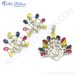 Load image into Gallery viewer, Sterling silver peacock earrings and pendant set with multi-colored gemstones on a white background.