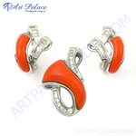 Load image into Gallery viewer, Silver coral gemstone jewelry set featuring a pendant and matching earrings, perfect for everyday wear.