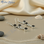 Load image into Gallery viewer, 925 Sterling Silver Dangle Earrings with Round Black Onyx Gemstones