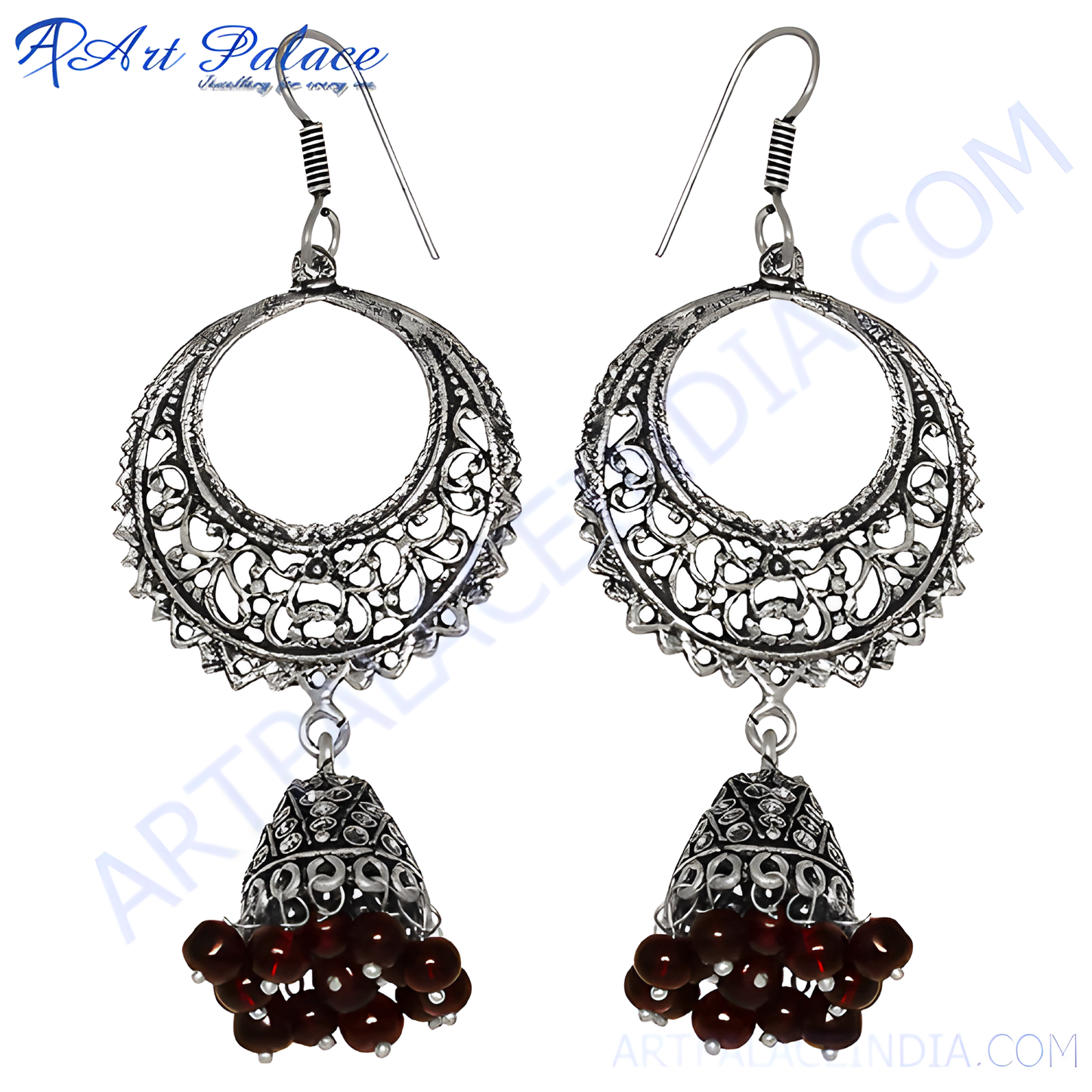 Silver filigree drop earrings with intricate detailing and red bead accents for women.