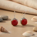 Load image into Gallery viewer, Silver drop earrings featuring red coral and turquoise gemstones for women.