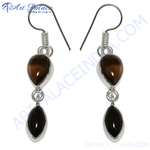 Load image into Gallery viewer, 925 Silver Smoky Quartz & Onyx Drop Earrings for Women
