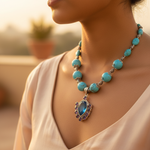 Load image into Gallery viewer, Turquoise Bead Necklace with Blue Gemstone Pendant | For Women