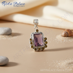 Load image into Gallery viewer, 925 sterling silver amethyst pendant with purple gemstone and yellow accent stones.