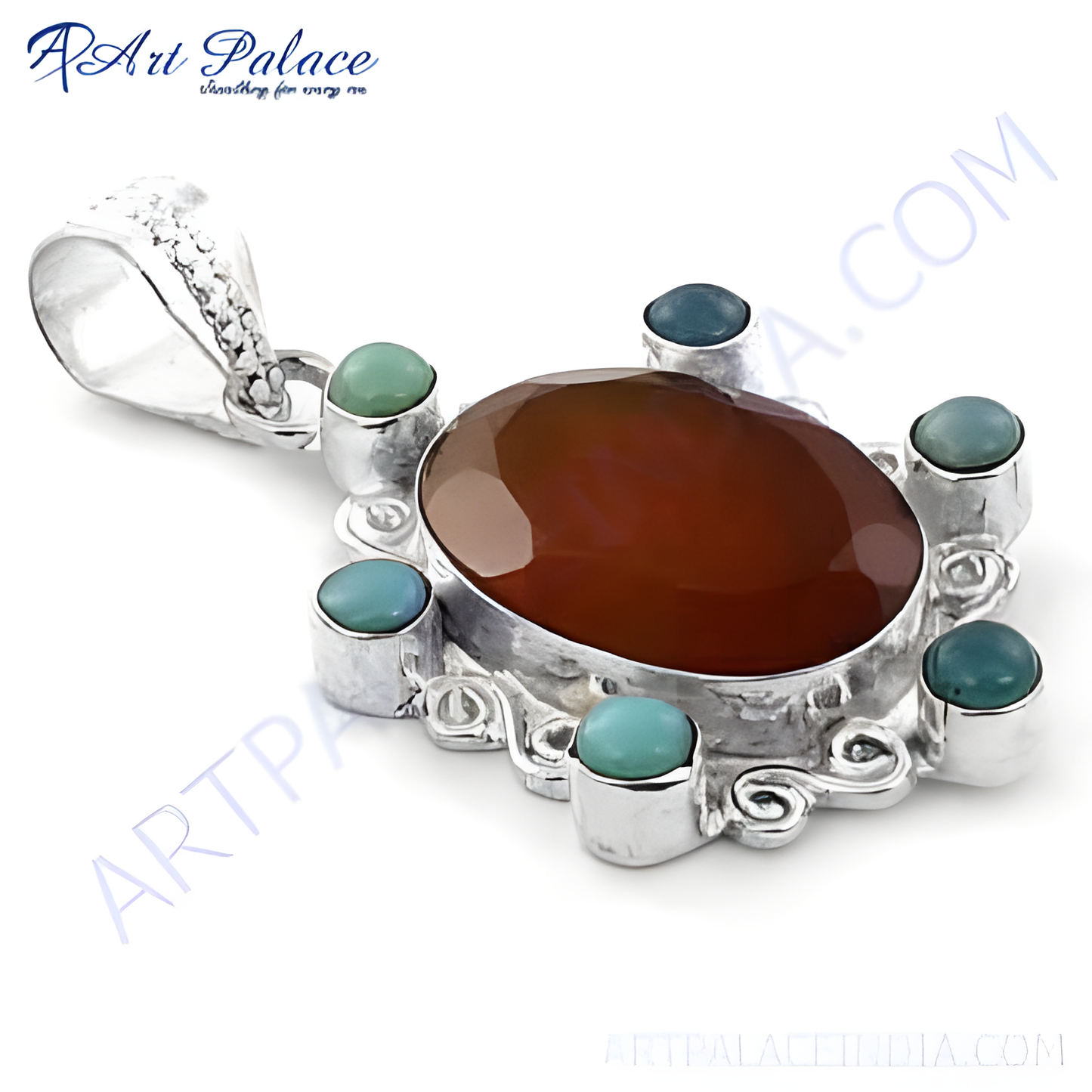 925 sterling silver gemstone pendant with a large brown central stone and blue-green accent stones.
