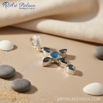 Load image into Gallery viewer, 925 silver cross pendant with blue and grey chalcedony gemstones, elegant women's jewelry