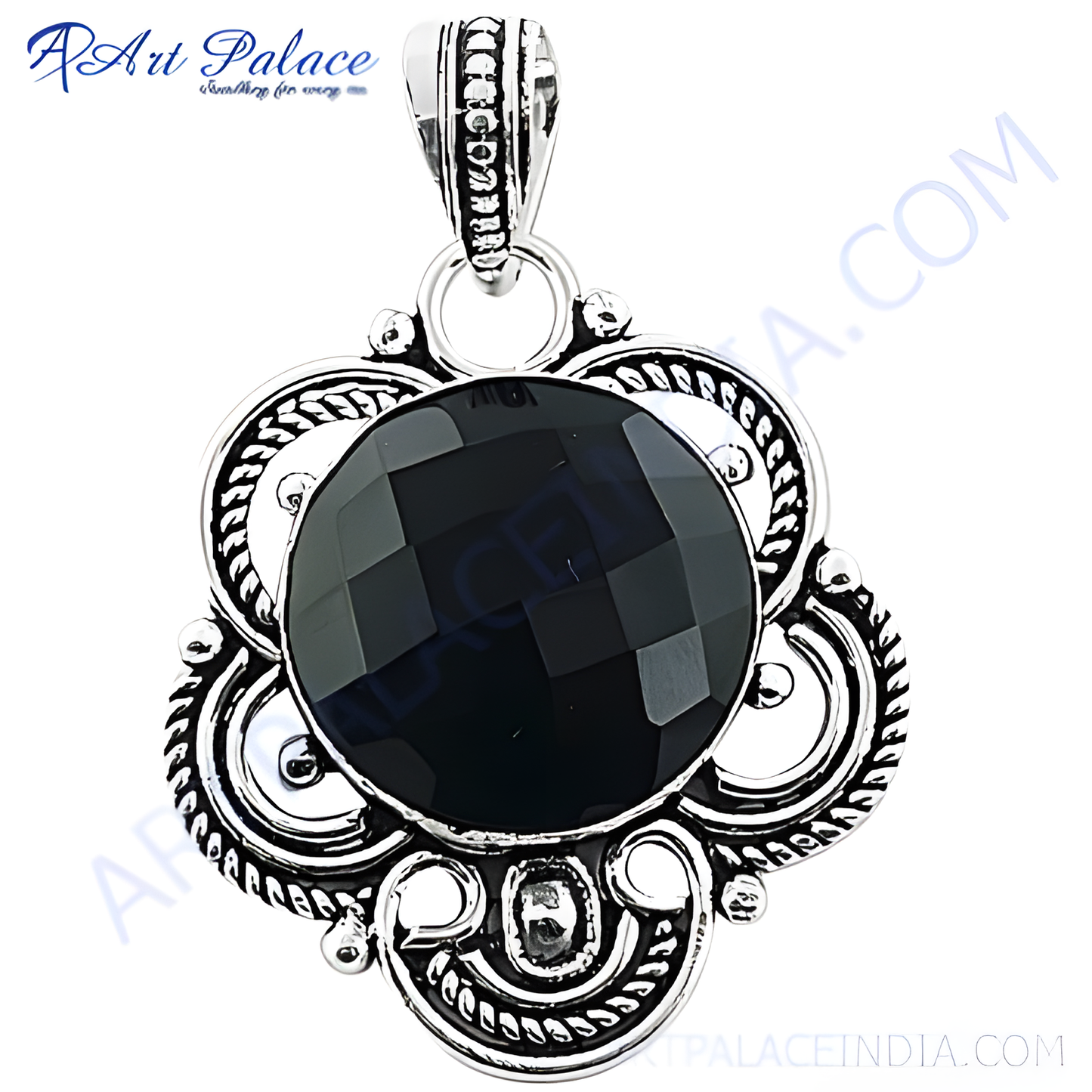 925 sterling silver pendant with a large, faceted black onyx gemstone center, floral design.