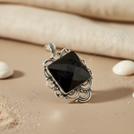 Load image into Gallery viewer, 925 sterling silver pendant with a large, square black onyx gemstone. Elegant silver filigree detail.