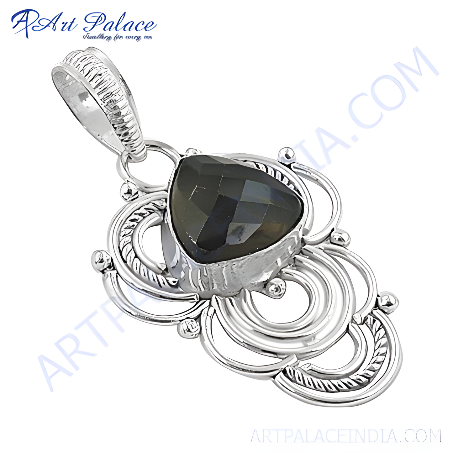 Sterling silver labradorite pendant with a teardrop-shaped gemstone in a detailed silver setting.