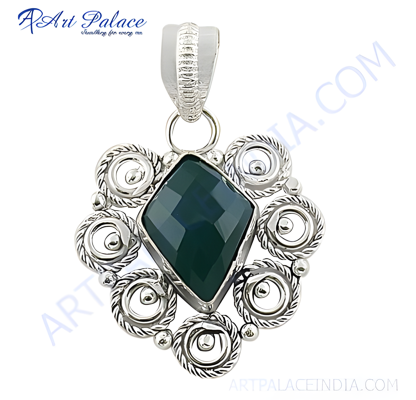 925 sterling silver pendant with a green onyx gemstone center, a floral design.
