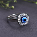 Load image into Gallery viewer, Sterling Silver Adjustable Evil Eye Ring with CZ Accents for Women