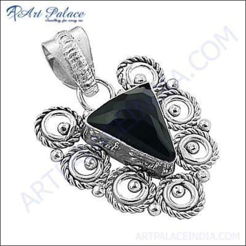 Antique Stylish Black Spinel Gemstone Pendant Jewelry, German Silver Jewelry