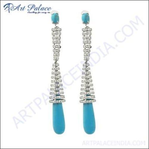 Attractive Style Cz & Synthetic Turquoise Gemstone Silver Earrings