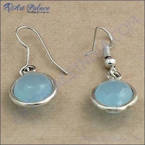 Celeb Style Blue Chalcedony Gemstone German Silver Earrings Blue Gemstone Earrings Cabochon Earrings
