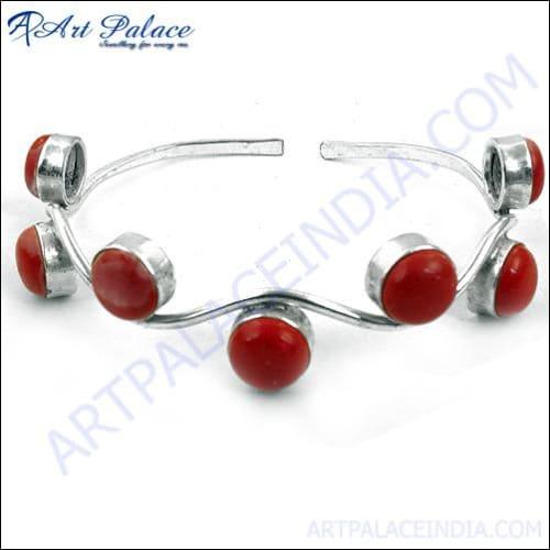 Celeb Style Synthetic Coral Gemstone Silver Bangle Gemstone Silver Bangle Comfortable Gemstone Bangle