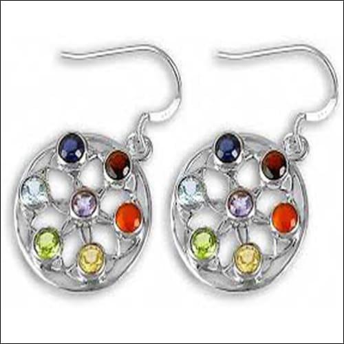 Chakra Multi Gemstone Silver Earring Floral Design Earrings Fancy Earrings Wedding Earrings