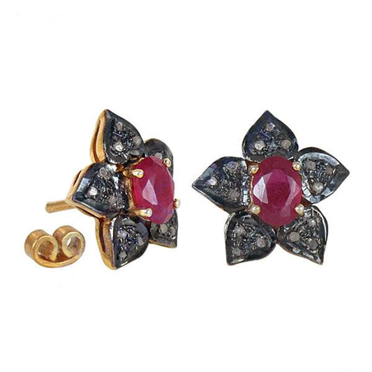 Diamond Gold Plated 925 Silver Victorian Stud Earrings Shiny Victorian Earrings Ruby Victorian Earrings