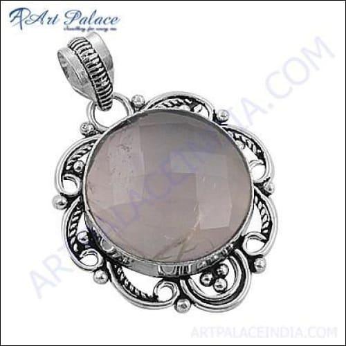 Ethnic Design In Precious Rose Quartz Gemstone pendant, German Silver Pendants jewelry
