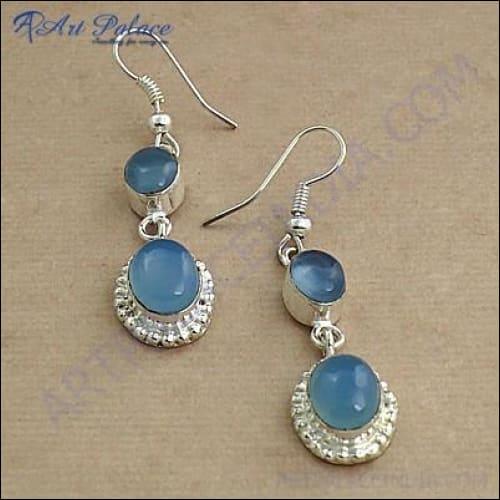 Ethnic Designer Blue Chalcedony Gemstone German Silver Earrings Cabochon Silver Earrings Blue Gemstone Earrings