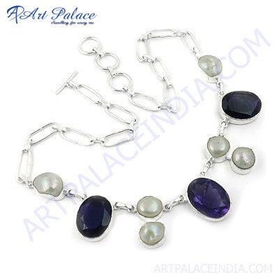 Girls Fashionable Mabe Pearl & Purple Glass German Silver Necklace Glass Gemstone Necklace Amazing Necklace