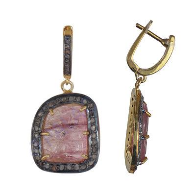 Gorgeous Diamond,Pink Tourmaline Stone Gold Plated Earring Feminine Victorian Earrings Tourmaline Victorian Earrings
