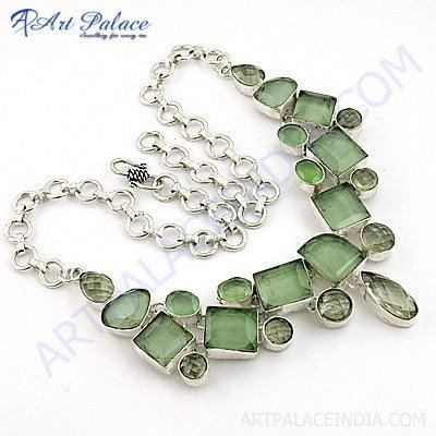 Graceful Green Amethyst & Green Glass German Silver Necklace Glass Gemstone Necklace Awesome Necklace