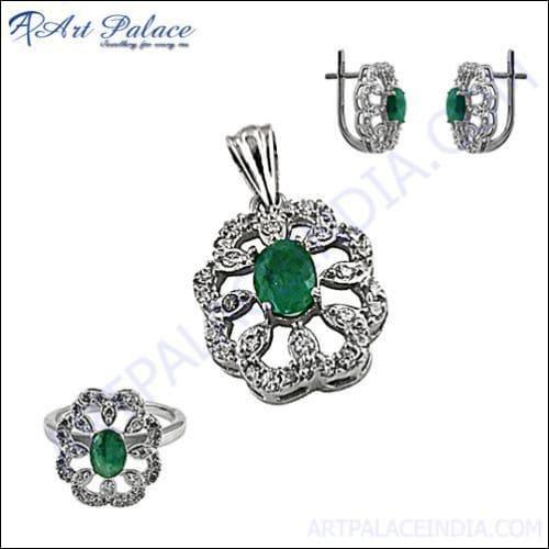 Luxury CZ & Dyed Emerald Silver Jewelry Set