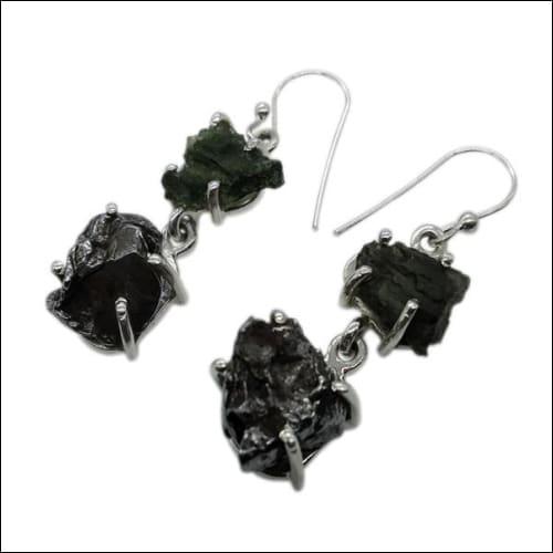 Moldavite & Iron Meteorite 925 Silver Earring Healing Gemstone Earring Solid Earring Hook Earrings