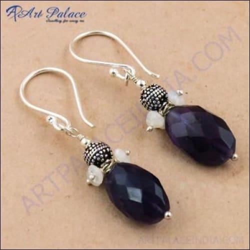 Natural Gemstone In Ethnic Design Silver Earrings Jewelry, 925 Sterling Silver Jewelry Black Beaded Earrings Beaded Silver Earrings