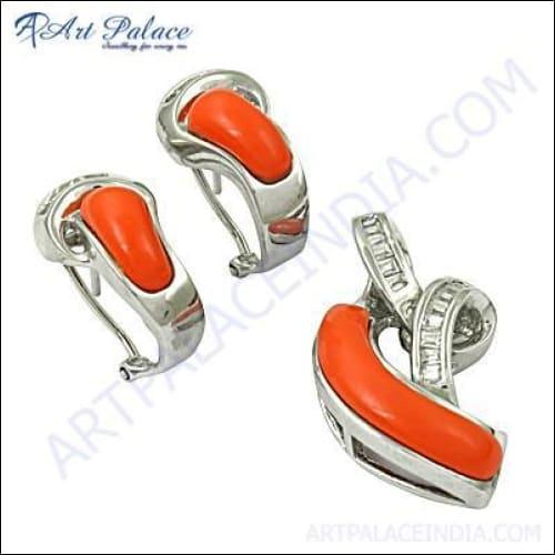 Newest Style Fashion Sterling Silver Cubic Zirconic & Synthetic Coral Pendant Set